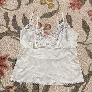 Lady Manhattan Vintage White Nylon Lace Camisole, Lacy Cami, small medium